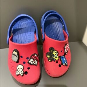 CROCS Kids Red and Blue Water Shoes with Fun Charms